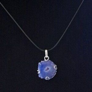 Blue Druzy Quartz Geode Pendant On 20" Black Leather Cord